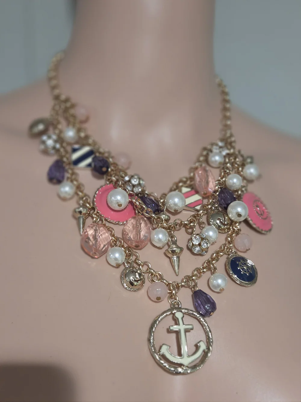 Betsey Johnson Nautical Anchor Charm Layered Gold Tone  Necklace